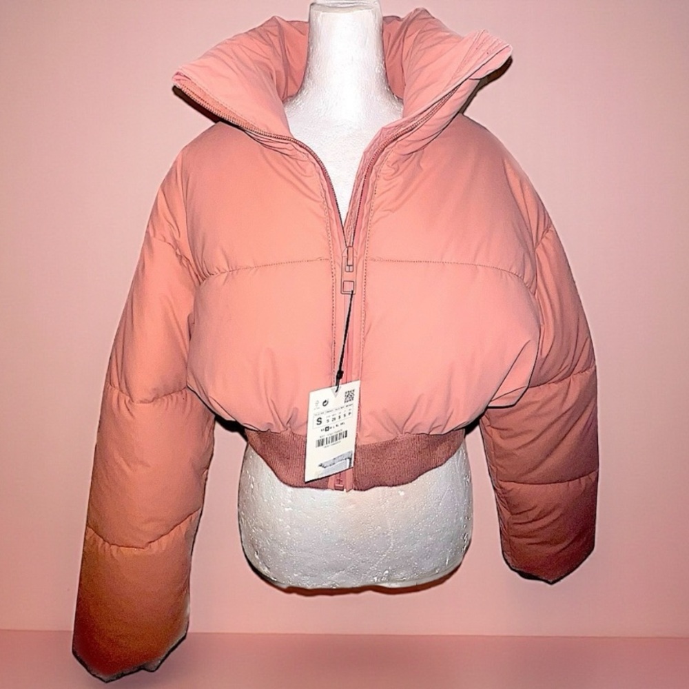 NWT🏷️ Zara Blush Crop Puffer Bomber Jacket sz XS
